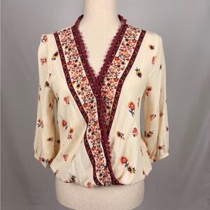 Blue Rain Cream and Burgundy Floral Blouse
